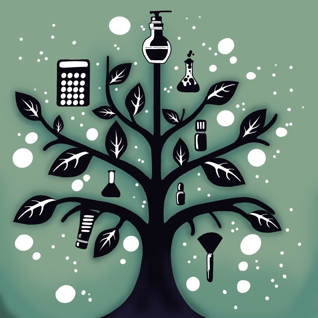 Uno stilizzato albero della conoscenza sui cui rami ospita cosmetici e materiale da laboratorio per simboleggiarne il legame